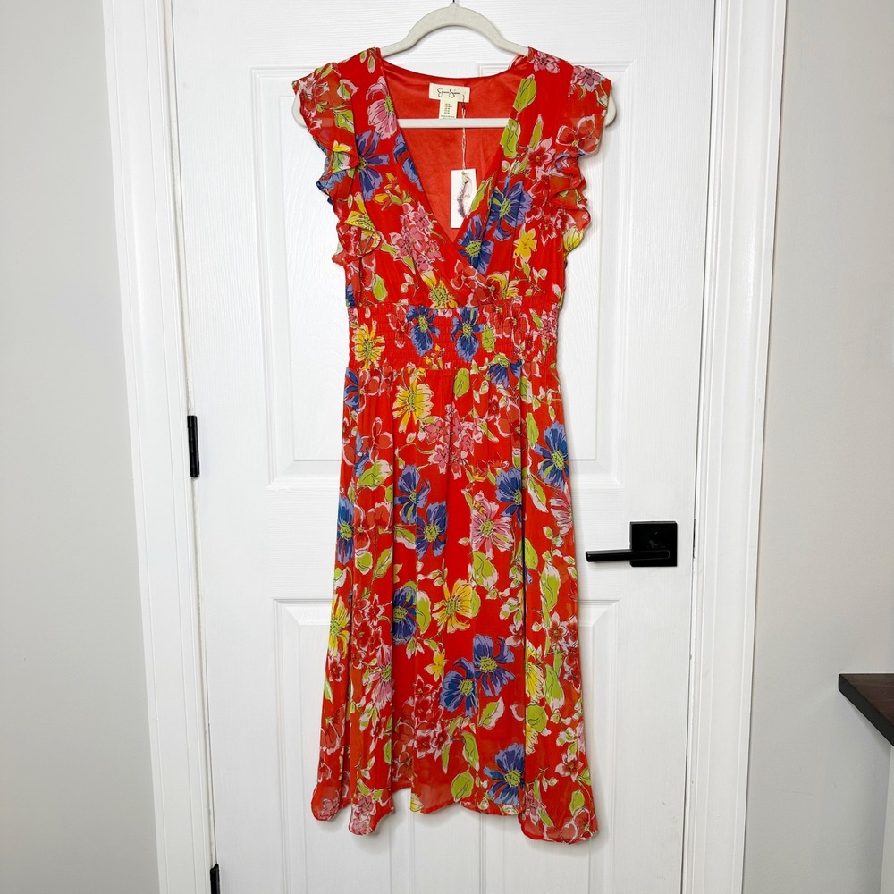 Jessica Simpson Red Floral Midi Dress Smocked Waist Fit &‎ Flare Size Medium